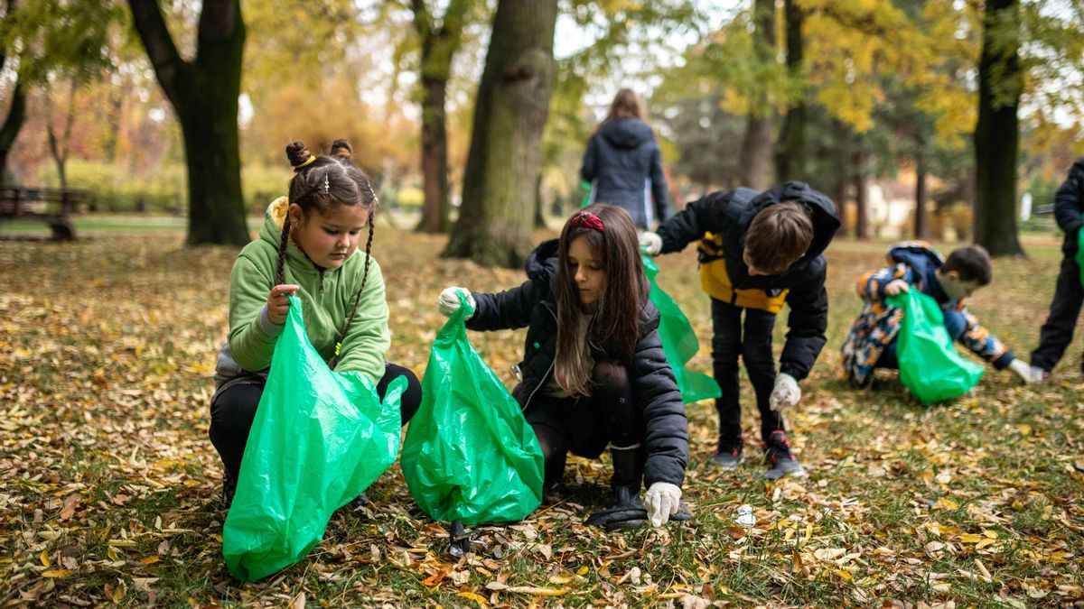 Niños recogiendo residuos del bosque con su profesora
