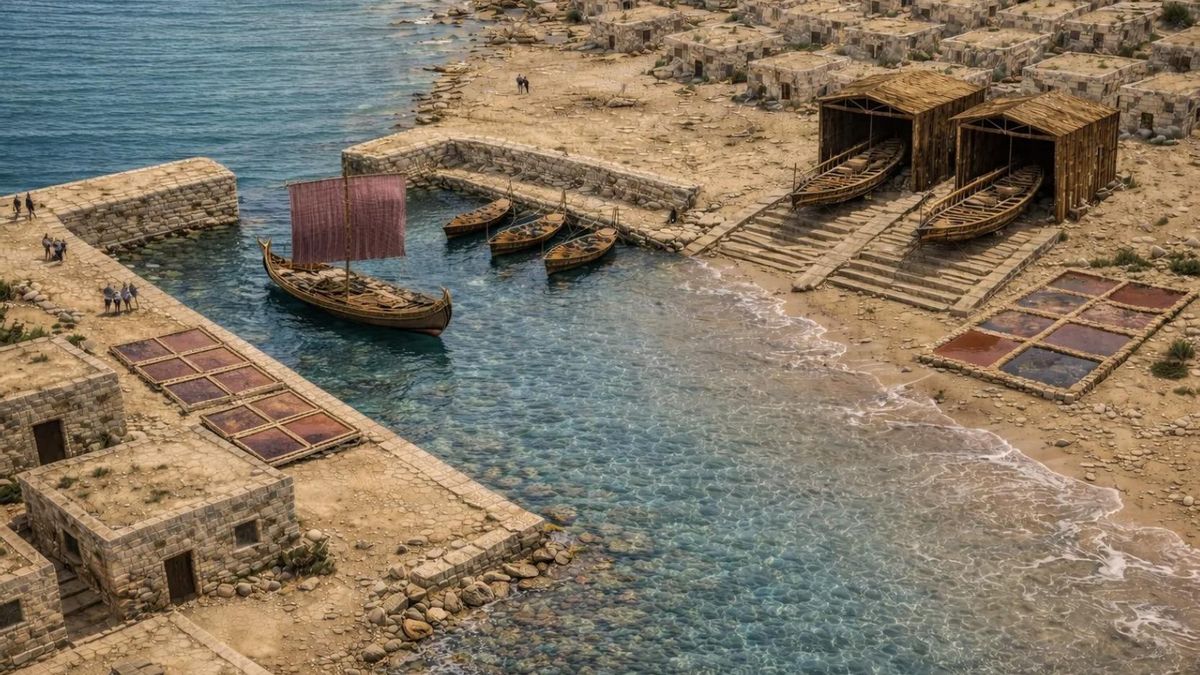 Recreación virtual de la dársena de la ciudad fenicia de Baria