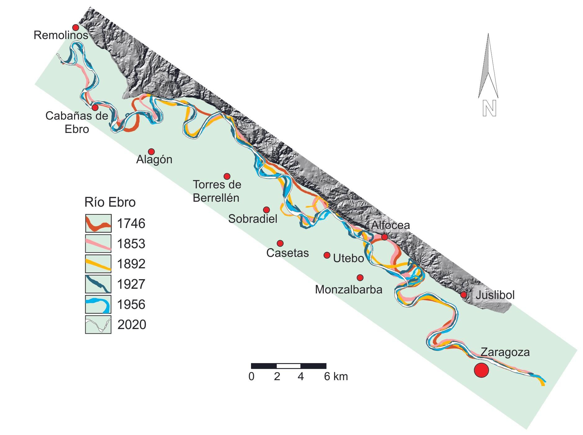 Cartografía de los diferentes trazados del río Ebro, reconstruidos a partir de documentación histórica, cartografía histórica, vuelos fotogramétricos y y ortofotografías entre 1746 y 2020