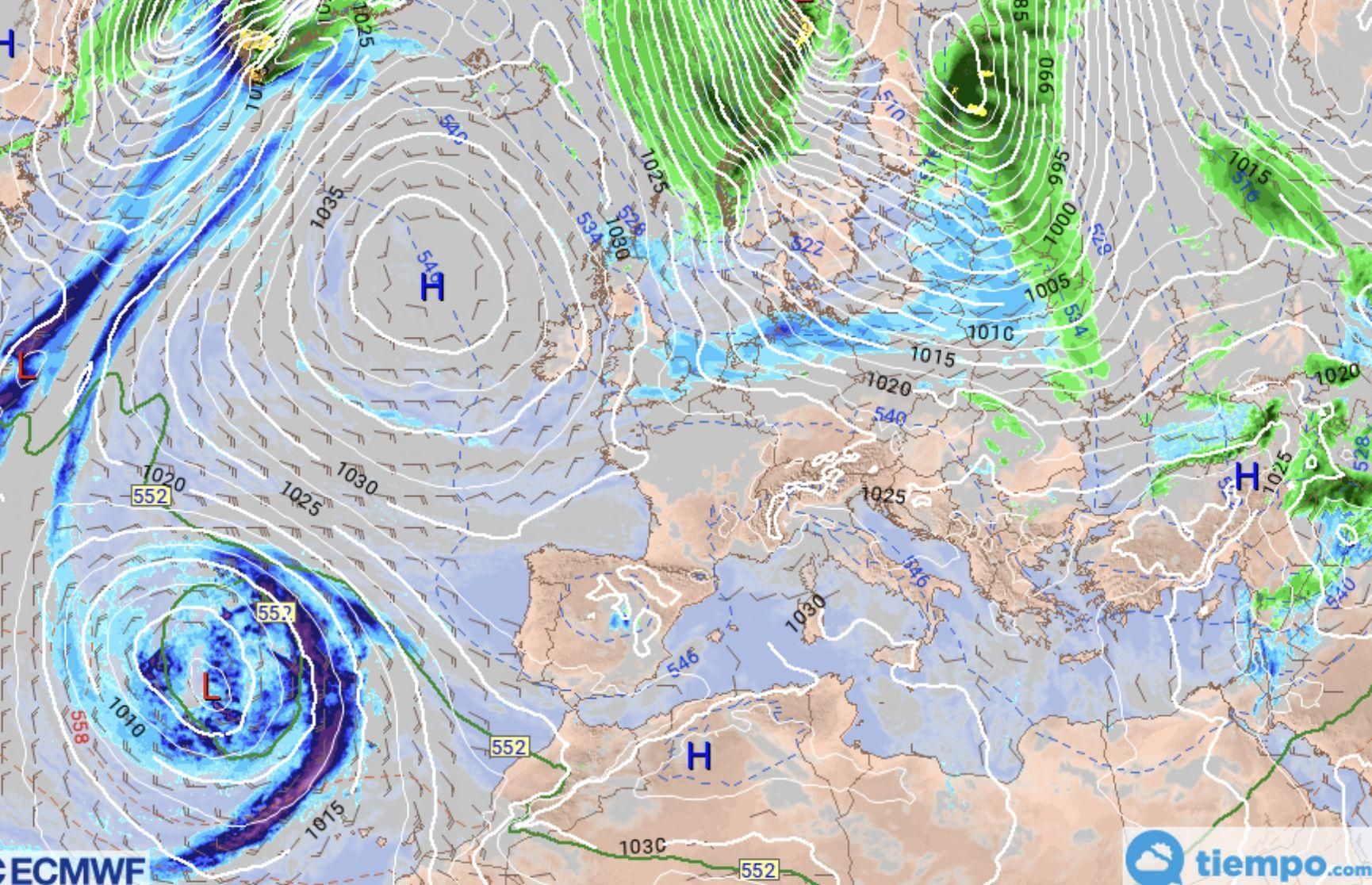 Choque entre las altas presiones que llegarán al continente este jueves y la borrasca que avanza hacia Canarias. / FOTO: METEORED