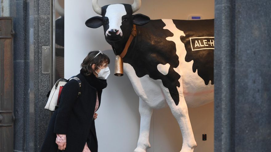 Una mujer con mascarilla para protegerse del covid se dispone a entrar en una tienda en el centro de Oviedo, esta mañana. Asturias