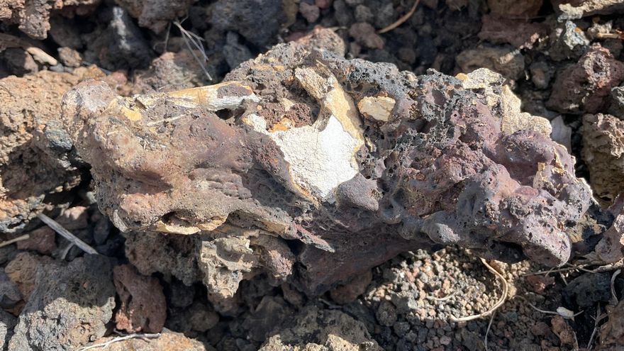 Huesos humanos incrustados en las coladas de lava.