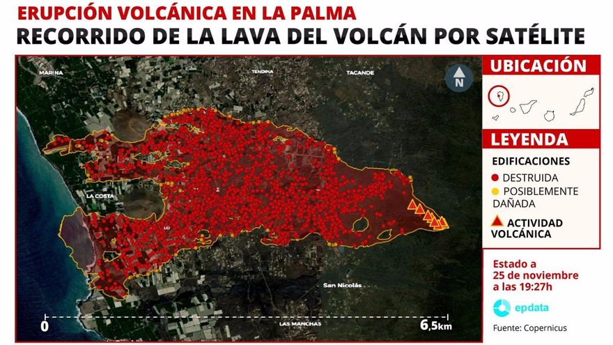 MAPA | Recorrido de la lava del volcán de La Palma, visto desde un satélite