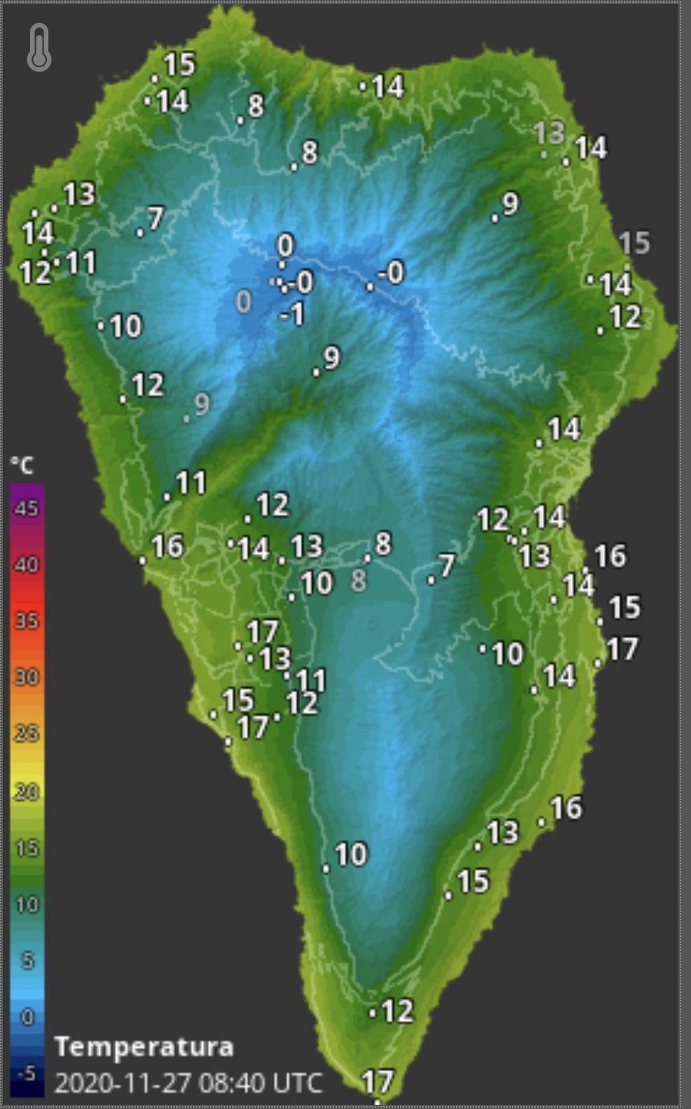 Mapa de HD Meteo La Palma donde se indica la temperatura que, a las 08.20 horas de este viernes, 27 de noviembre, se registraba en distintos puntos de la Isla.