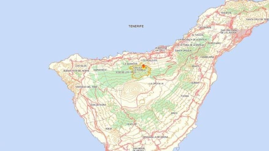 Mapa del perímetro afectado por el incendio en Los Realejos