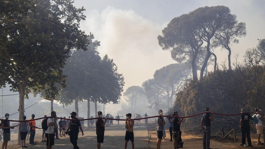 Vecinos y bomberos se afanan por apagar el incendio declarado esta tarde en el Paraje Natural de Las Canteras en Puerto Real (Cádiz).