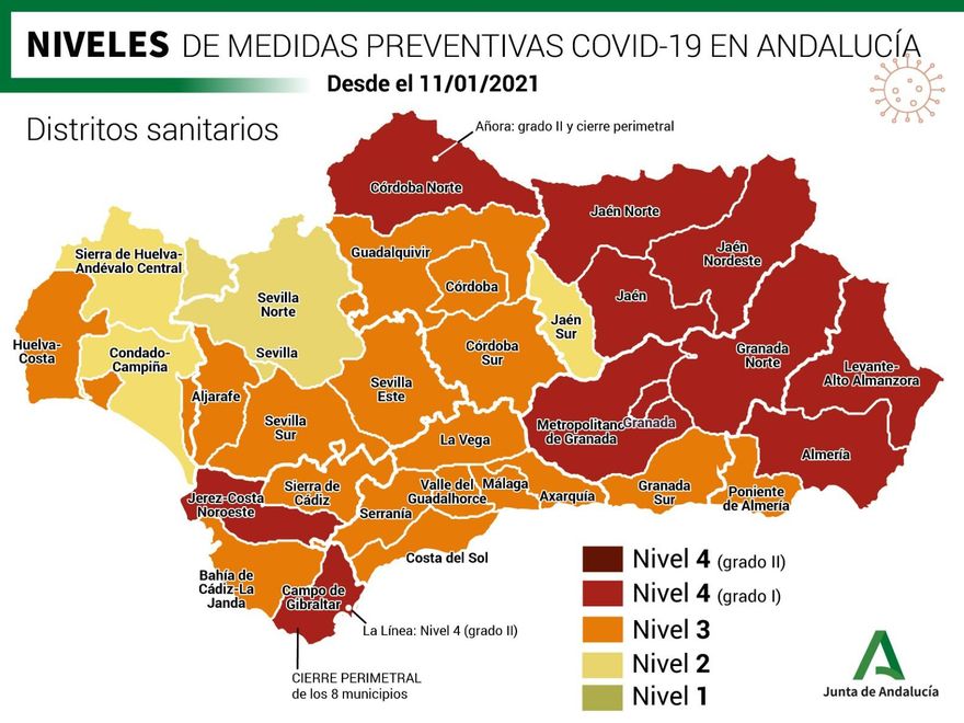 Niveles de medidas preventivas a 11 de enero de 2021 en Andalucía