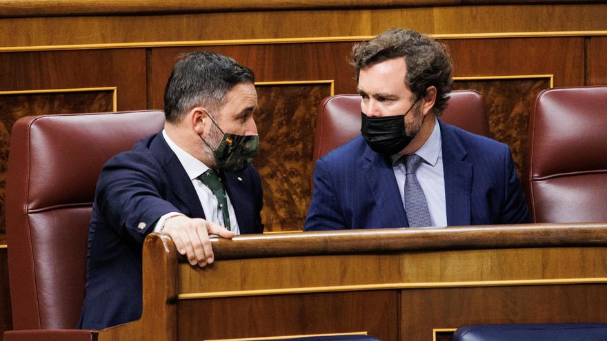 El líder de Vox, Santiago Abascal (i) y el portavoz de Vox en el Congreso, Iván Espinosa de los Monteros (d), en una sesión plenaria en el Congreso de los Diputados