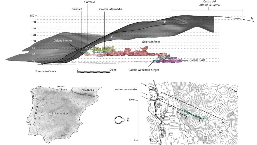 Croquis del interior de La Garma, con su sucesión de galerías.