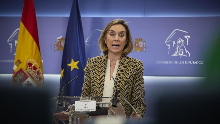 La portavoz del PP en el Congreso, Cuca Gamarra, en una rueda de prensa en el Congreso