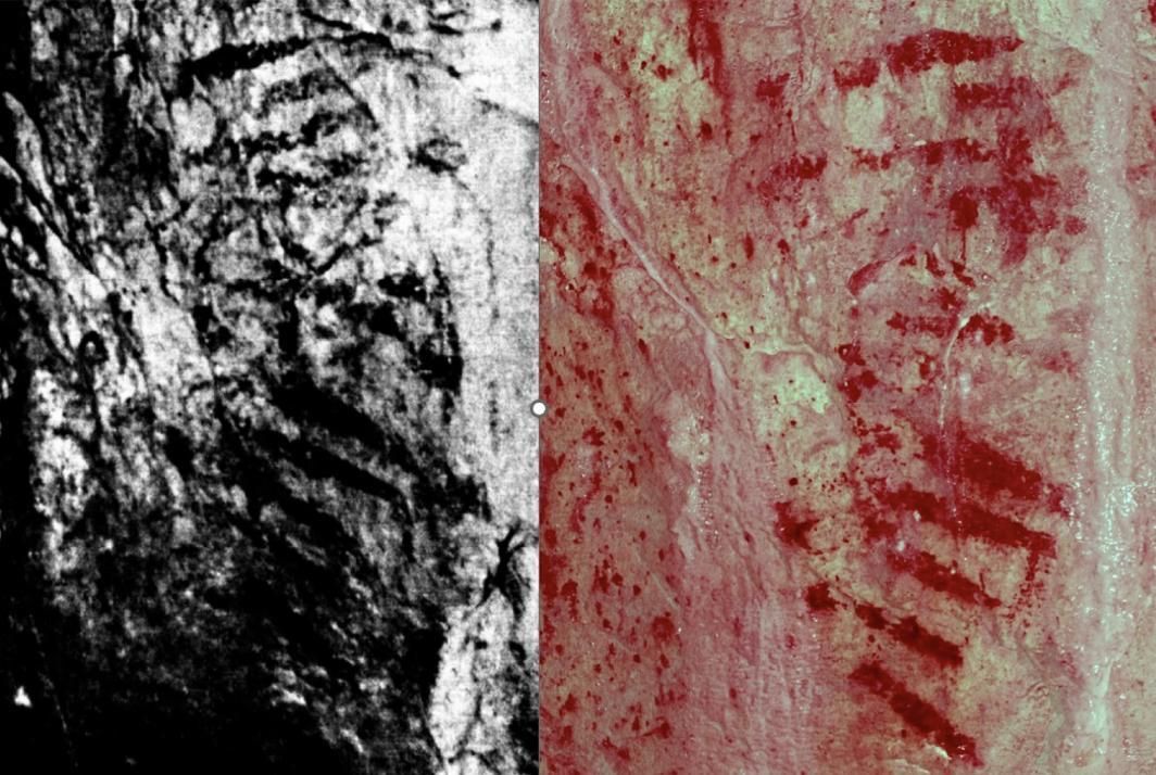 Fotografía de WL Morgan del panel en 1913 ( foto de la izquierda ); foto filtrada con D-Stretch en 2024 ( foto de la derecha ).