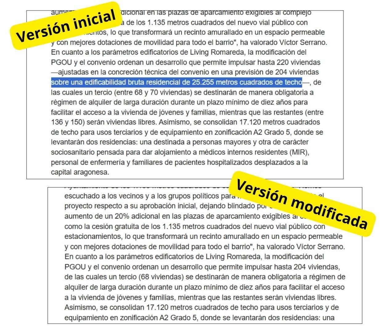 Comparativa de las dos versiones de la nota del Ayuntamiento sobre el proyecto residencial junto a La Romareda.