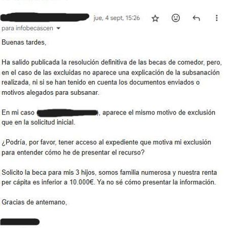 Último correo enviado por Pilar a la dirección facilitada por la Consejería, de la que no ha recibido ninguna respuesta