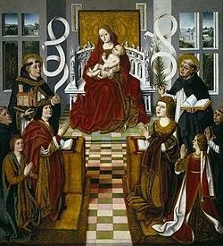 Cuadro Virgen de los Reyes Católicos, junto a los inquisidores Tomás de Torquemada y Pedro de Arbués