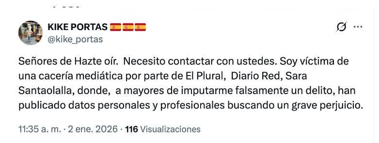 Publicación de Kike Portas en la red social X