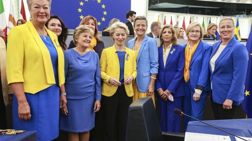 Von der Leyen y las comisarias de la UE, vestidas con los colores de Ucrania en Estrasburgo