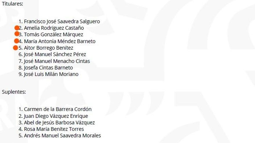 Candidatura que presentó el PSOE, de la cual los punteados en rojo dimiten, y deberían ser sustituidos por los siguientes de la lista