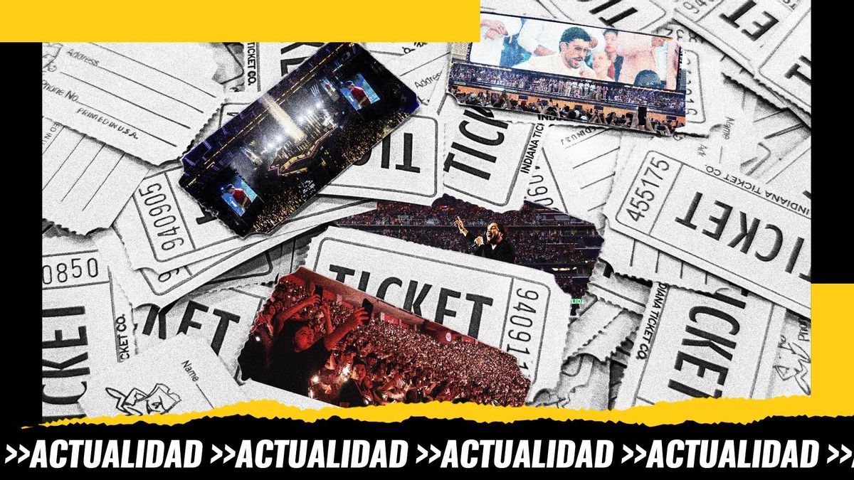 Montaje: un montón de tickets con fotografías de archivo de conciertos de Dellafuente, Bad Bunny o Manu Carrasco