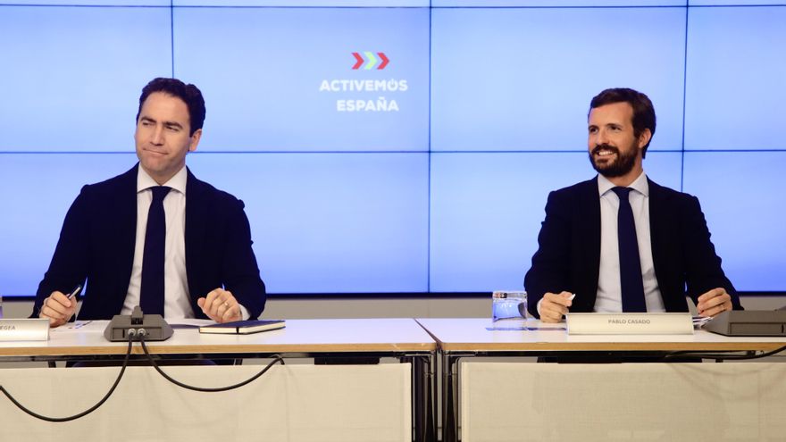 Archivo - El secretario general del PP, Teodoro García Egea, y el presidente del Partido Popular, Pablo Casado, durante la reunión de la Junta Directiva Nacional del Partido Popular, a 20 de agosto de 2020.