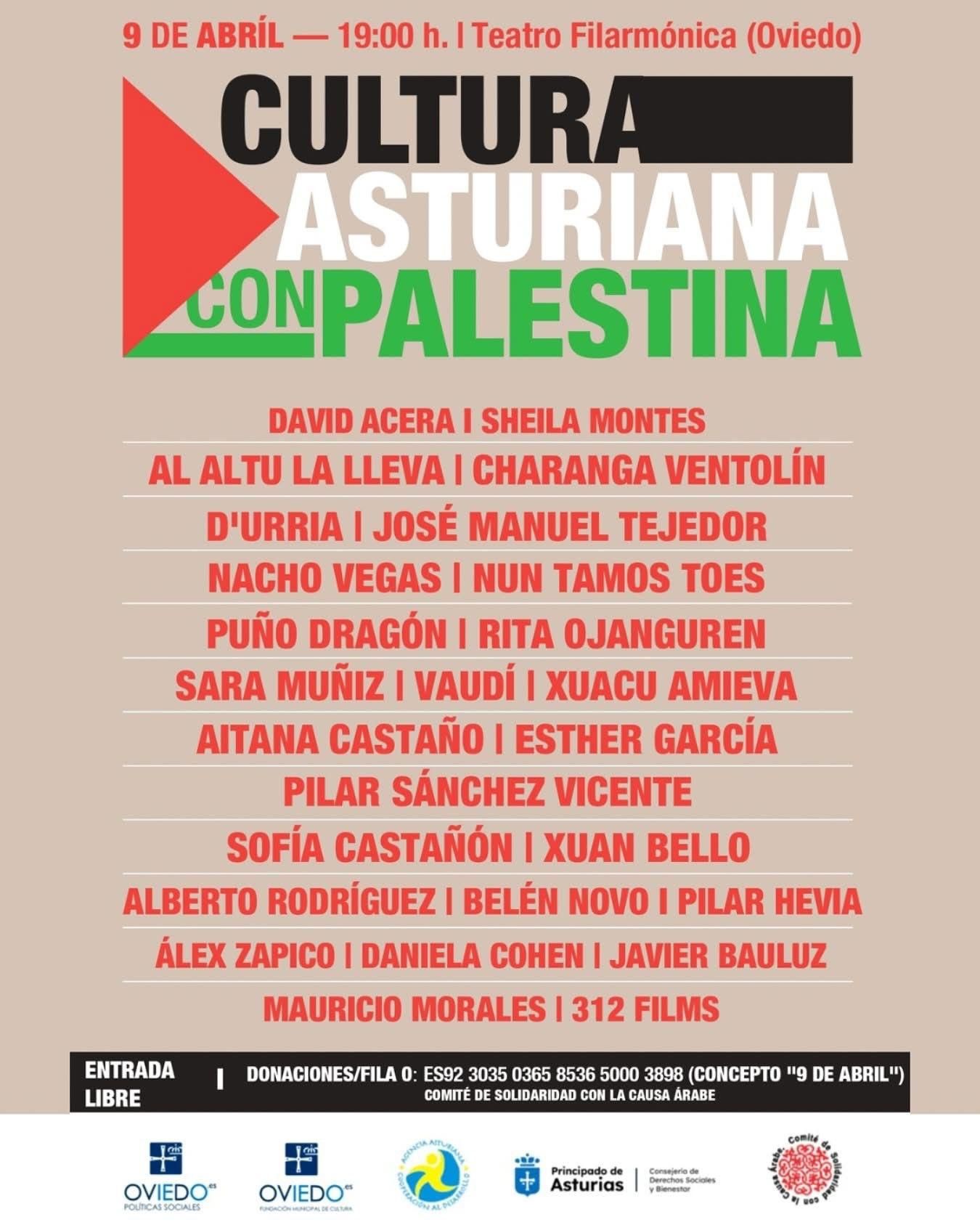 Cartel de 'Cultura asturiana con Palestina', que tendrá lugar el miércoles 9 de abril en el Teatro Filarmónica de Oviedo