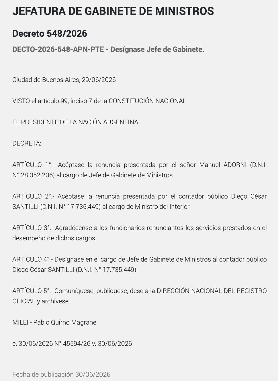 El decreto de salida de Adorni y llegada de Santilli en la jefatura de Gabinete.