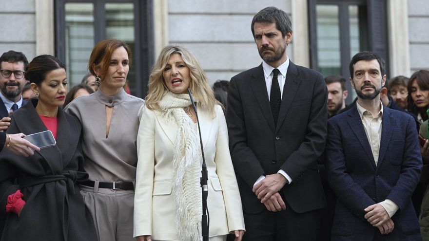 Yolanda Díaz interviene antes del acto de homenaje a la Constitución junto a los ministros de Sumar.