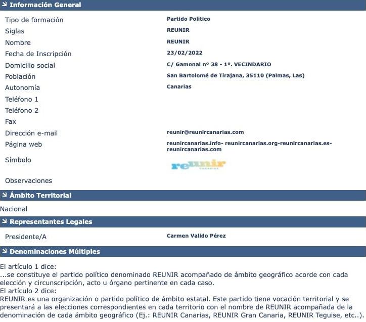 Registro de Reunir Canarias en el Ministerio del Interior.