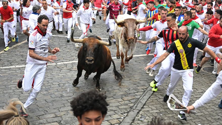 Los toros de la ganadería La Palmosilla tras los mozos en el primer encierro de los sanfermines de este julio de 2023. EFE/Jesús Diges
