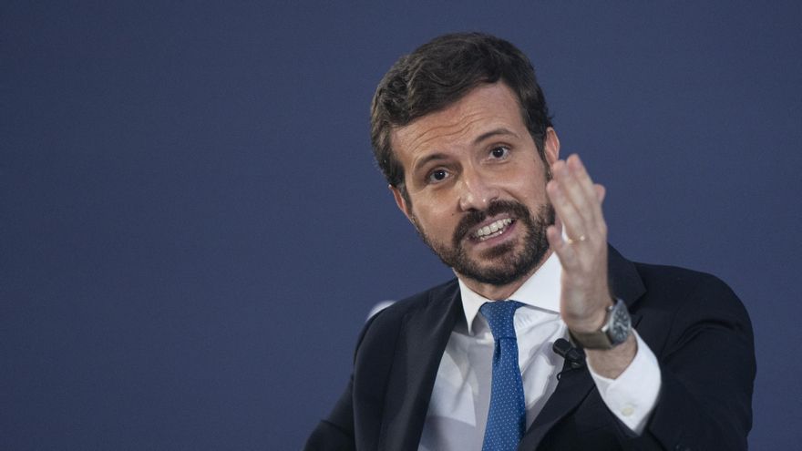 El presidente del PP, Pablo Casado, durante su intervención en la convención sobre 'La fortaleza de las instituciones' en el marco de la Convención Nacional del PP. A 30 de septiembre de 2021, en Sevilla (Andalucía, España).