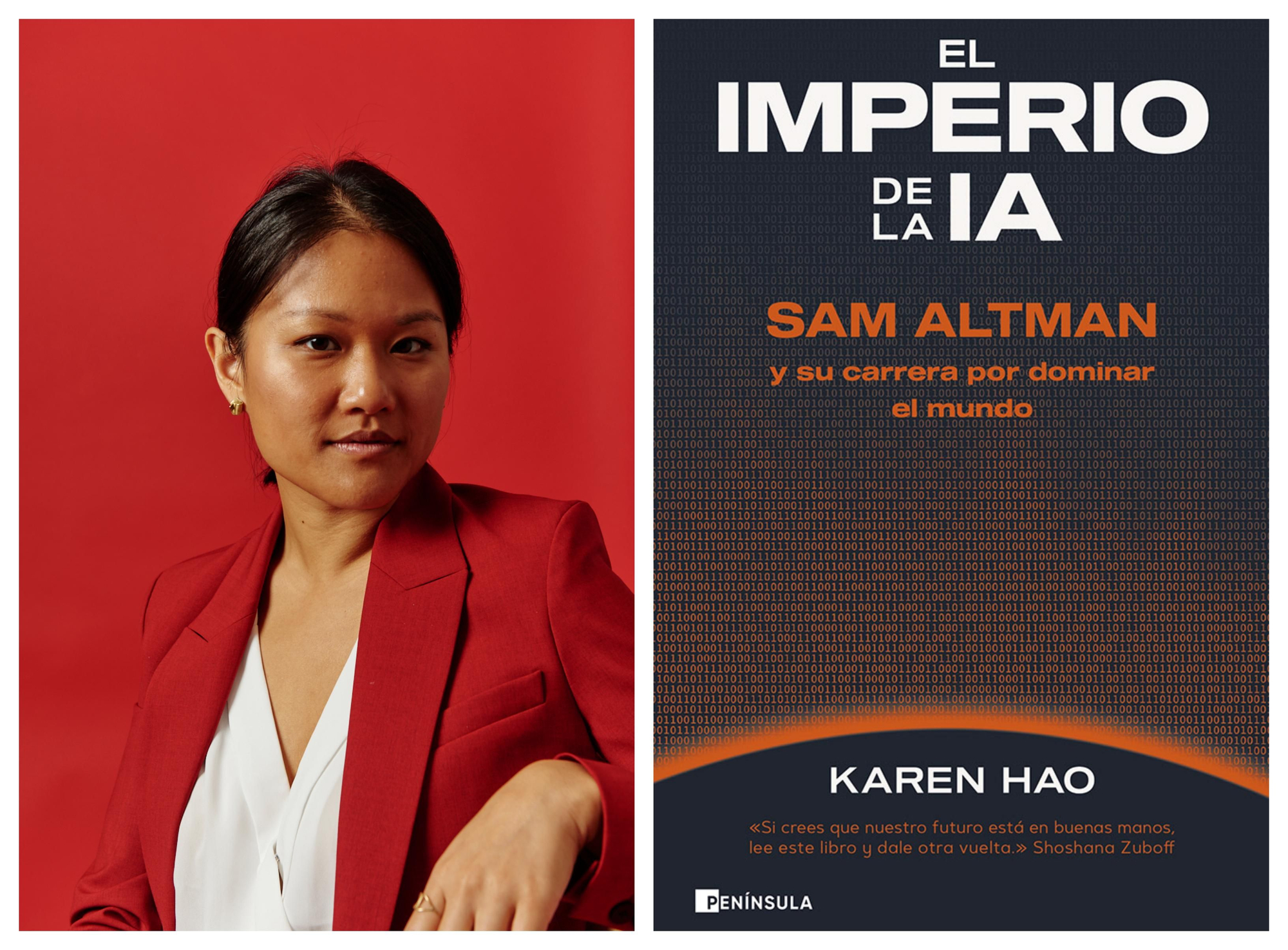 Karen Hao y la portada de su libro