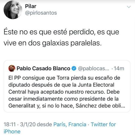 Tuit de respuesta a Pablo Casado, borrada. 