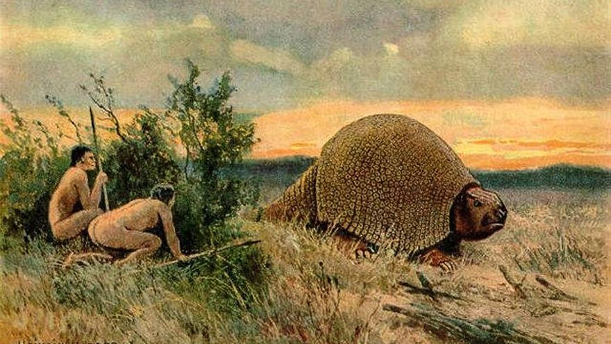 Ilustración de dos pobladores antiguos de América con un glyptodon. / Wikipedia