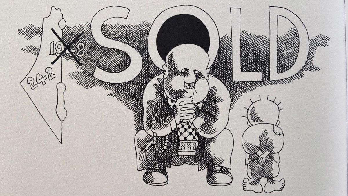 "Vendida", junto a un mapa de Palestina, la referencia a la resolución de la ONU 242 y 1948 tachado, en referencia al año en el que cientos de miles de palestinos tuvieron que dejar sus hogares, convirtiéndose en refugiados, como el propio Al-Ali