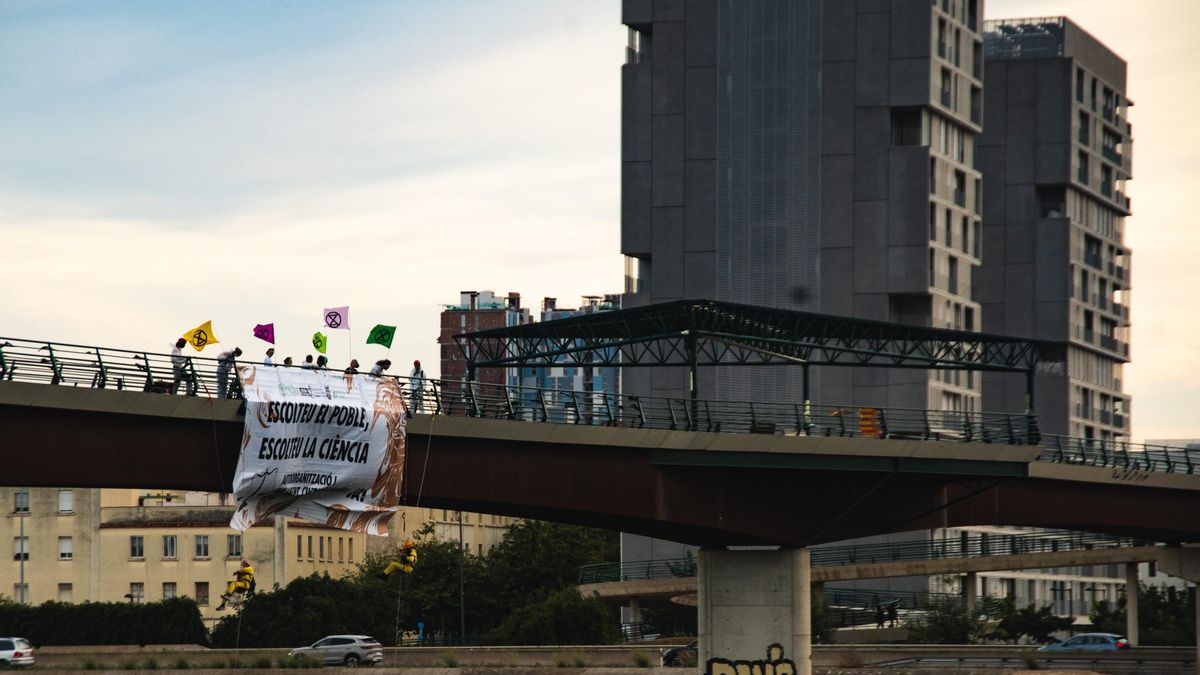 Activistas se cuelgan del Puente de la Solidaridad, en València, para reclamar soluciones contra la crisis ecosocial