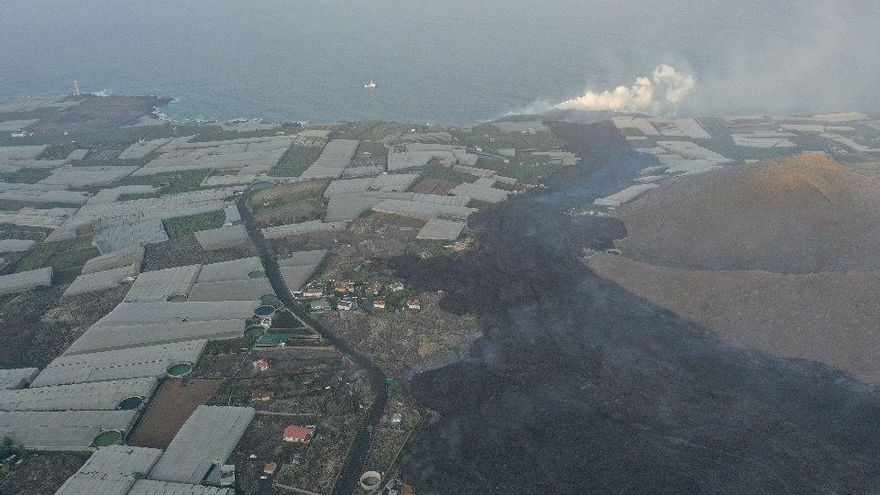 Zona de cultivos de plataneras en costa oeste de La Palma afectada por la colada lávica que desemboca en el litoral de  Tazacorte.