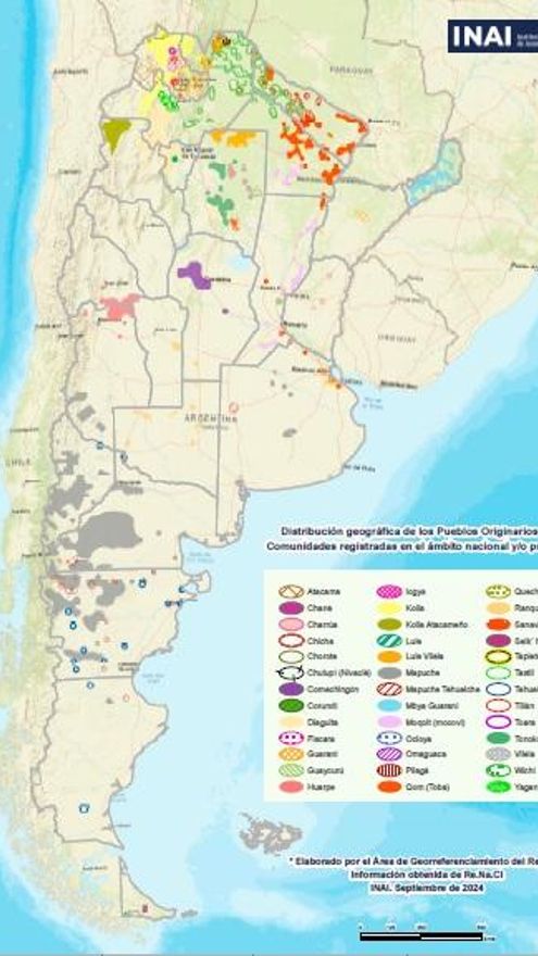 Distribución geográfica de los pueblos indígenas según comunidades registradas en 2024 en el ámbito nacional y/o provincial. Fuente: INAI