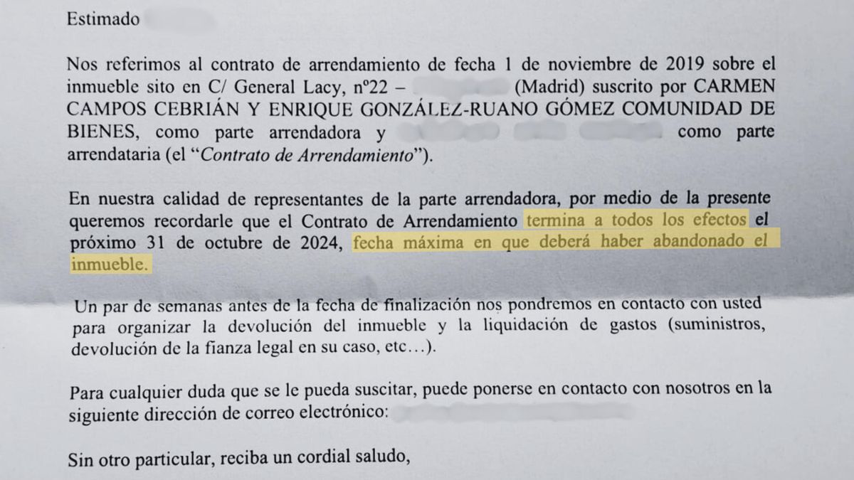 Burofax recibido por uno de los vecinos de General Lacy 22 avisando del fin de su contrato