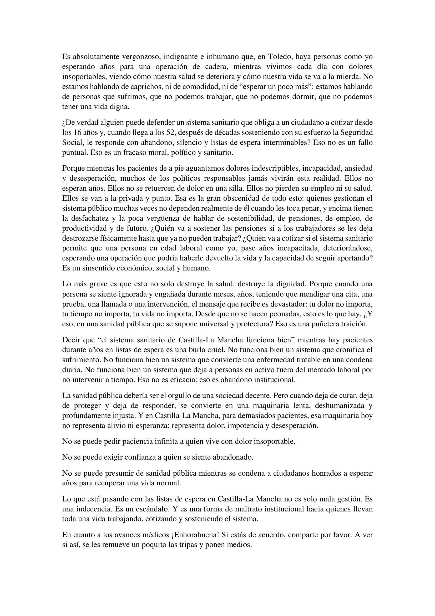 Carta de Pedro Luis publicada en su Facebook personal.