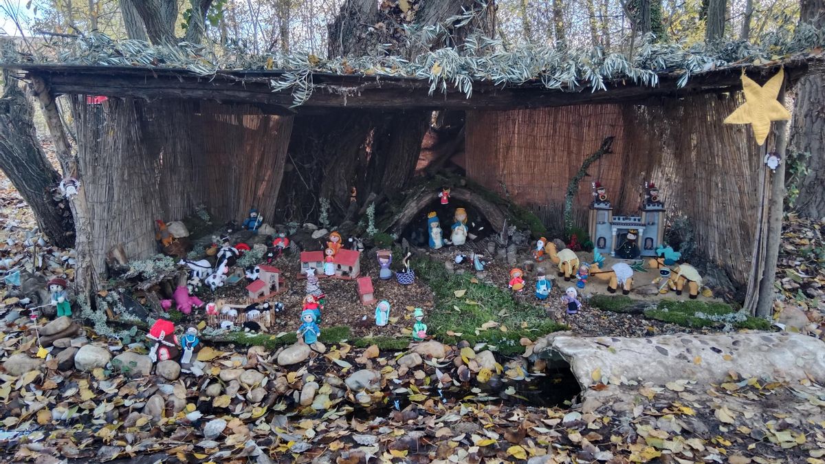 La Milla del Páramo estrena un Belén de lana en un bosque recuperado por vecinos jubilados.