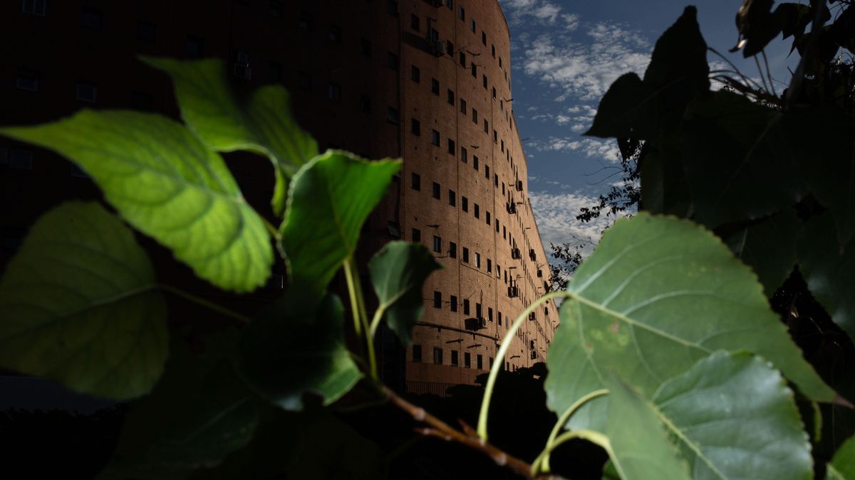 Vista de un lateral de El Ruedo, característico edificio del distrito de Moratalaz.