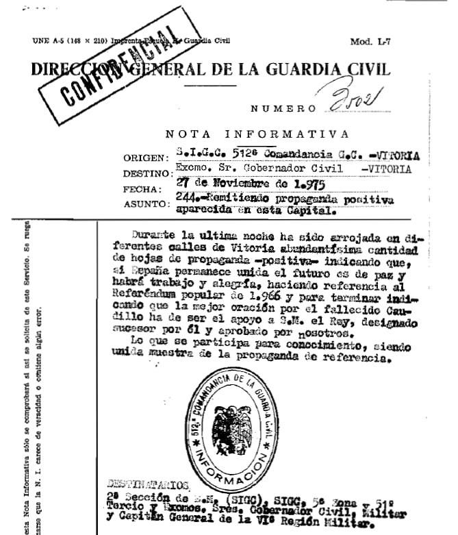 Informe "confidencial" de la Guardia Civil sobre la situación en Vitoria bajo mandato de Antonio Tejero