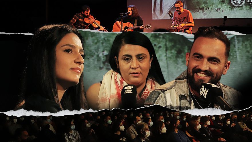 Anari tocando, los palestinos Rawa, Nisreen y Mohammed y el público durante el programa en directo