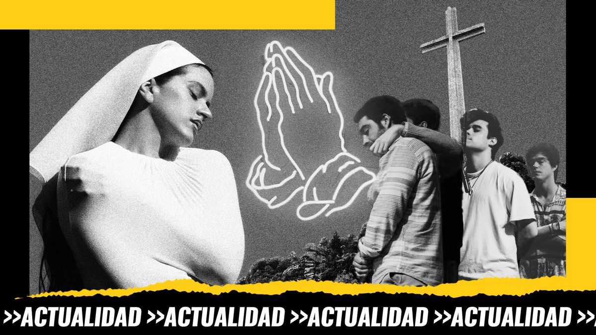 Montaje de izq. a dcha.: portada de Lux de Rosalía, neón de unas manos rezando, el grupo Hakuna rezando durante un concierto y la cruz del Valle de los Caídos  de fondo