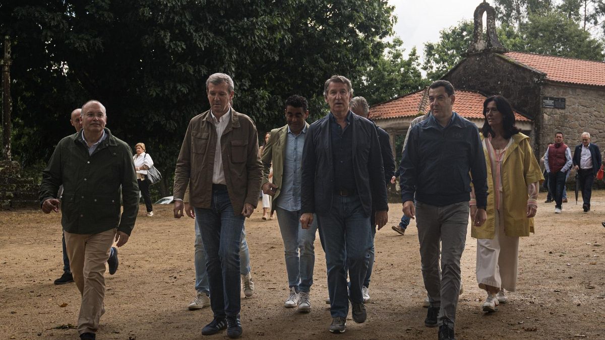 Miguel Tellado, Alfonso Rueda. Alberto Núñez Feijóo y Juanma Moreno durante la inauguración del curso político del PP el pasado domingo en Pontevedra.