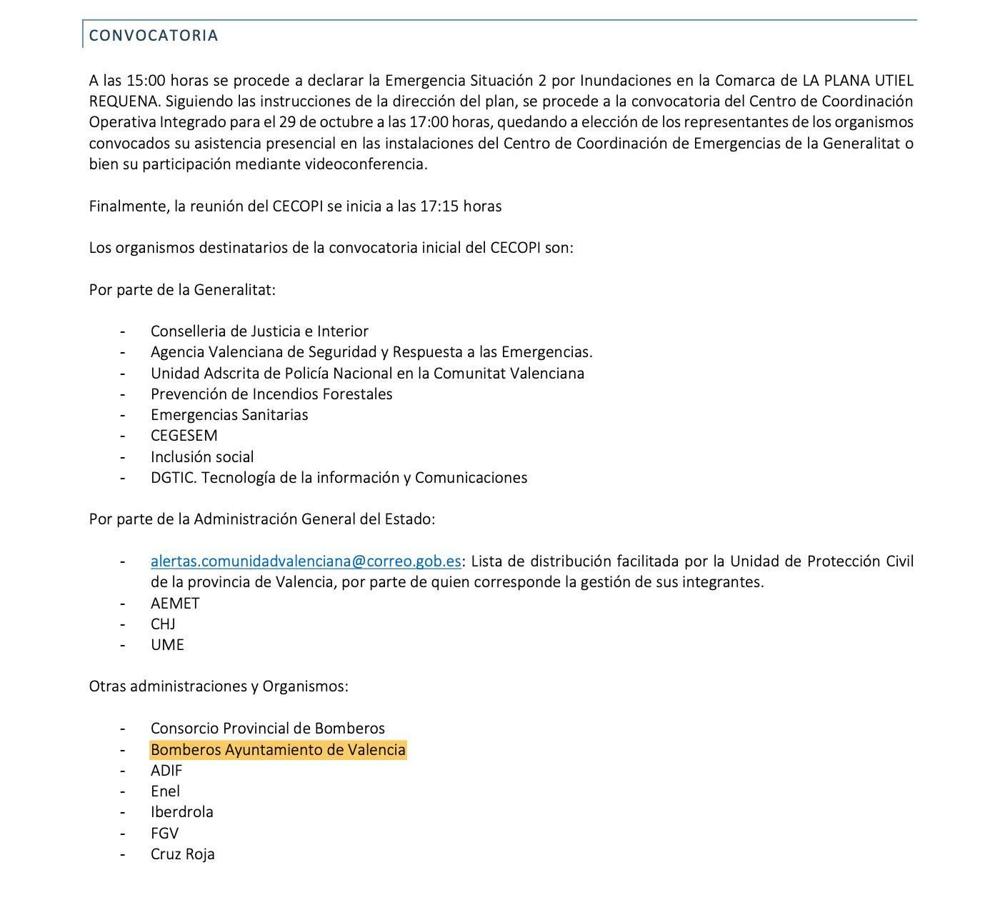Fragmento del informe del Centro de Emergencias sobre la convocatoria del Cecopi.
