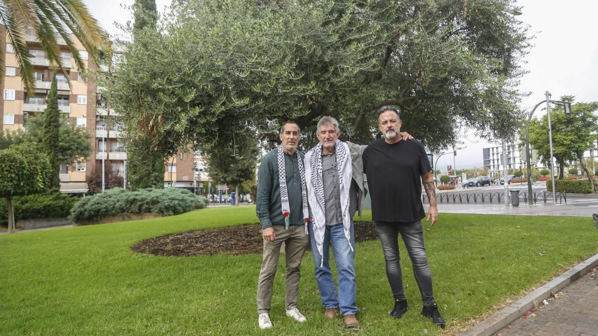 Juan Hidalgo, Manuel García y Manu Pineda en el olivo de la resistencia Palestina