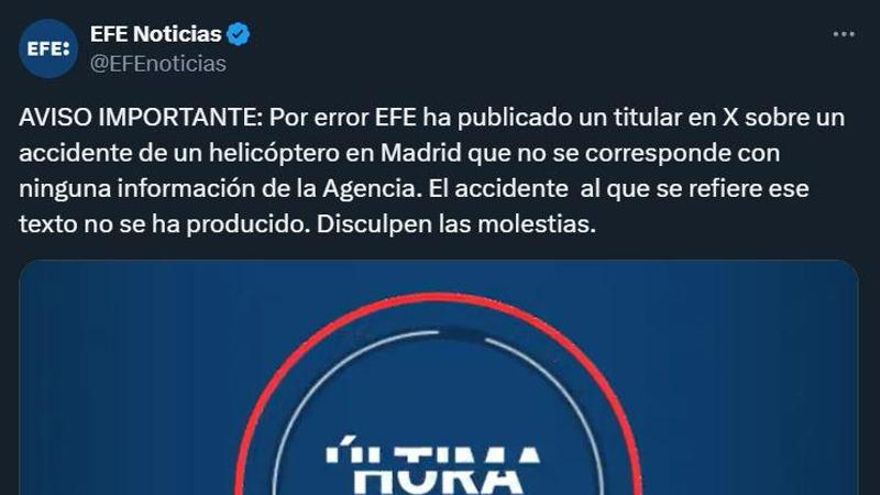 La Agencia EFE se disculpa por tuitear "por error" un titular sobre un accidente de helicóptero en Madrid que no ocurrió