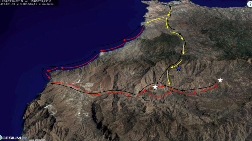 Las flechas indican por donde se desplazó el ejército castellano hasta el interior de la Caldera de Tejeda. Las estrellas indican donde se produjeron los hechos de armas durante la última fase de la conquista de Gran Canaria.