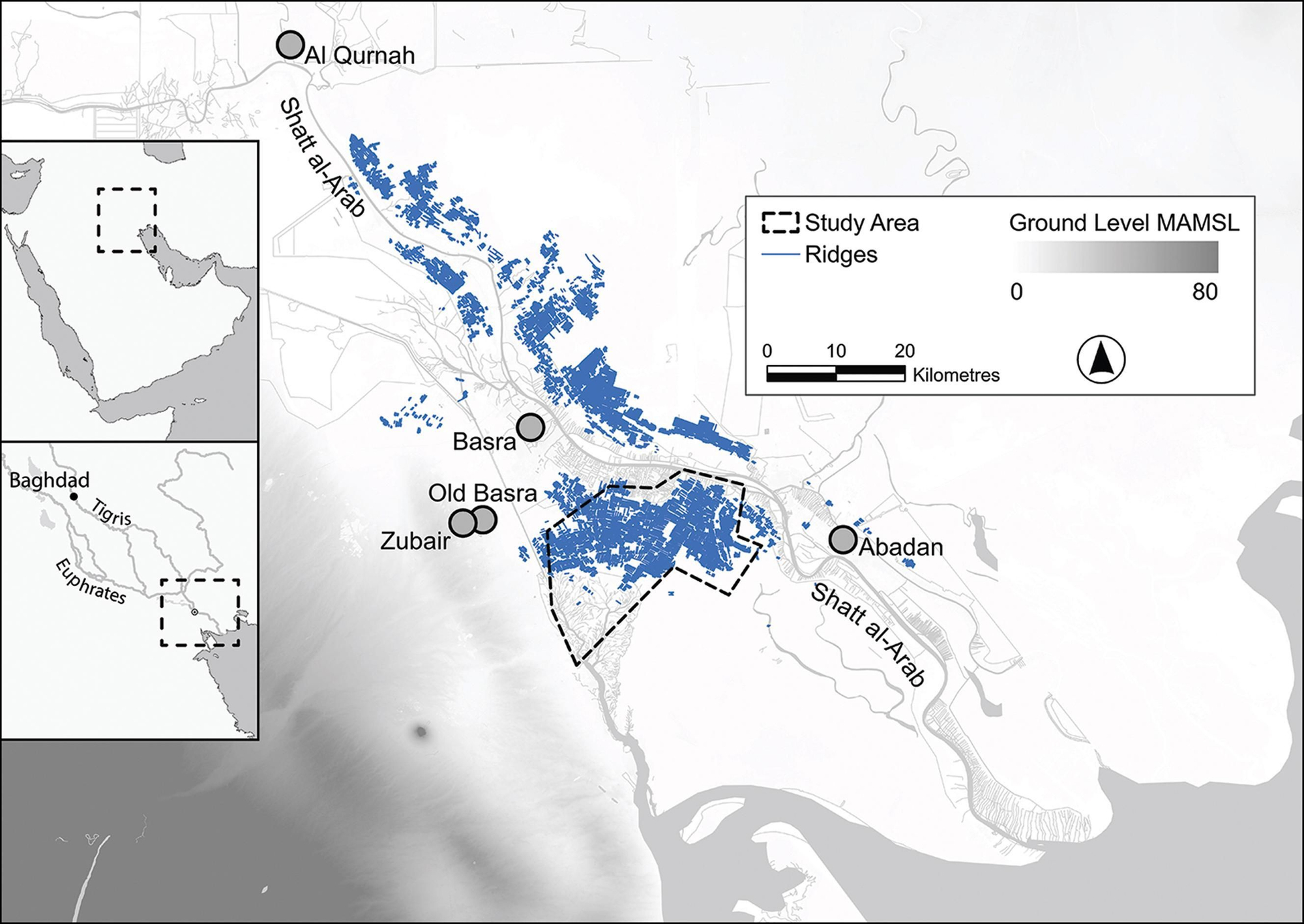 Ubicación y distribución del sistema de crestas y movimiento de tierras, que muestra la extensión del área de estudio del proyecto en el sur de Irak
