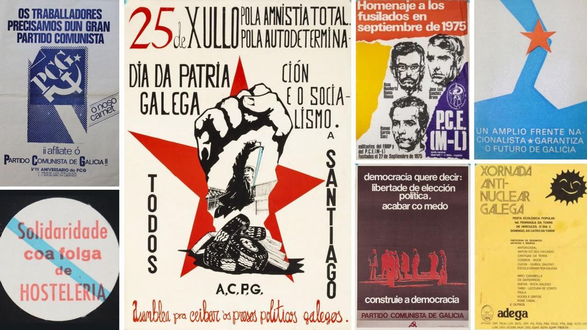 Algunos de los carteles y pegatinas del fondo Miguel Gutiérrez de propaganda política
